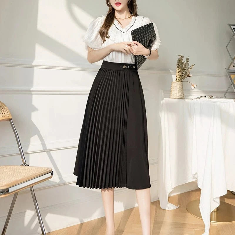 XL / Black Wholesale Casual Fashion Faldas S-XL Elegant Office Ladies Skirt Patchwork Saias High Waist Pleated Midi Skirts Womens