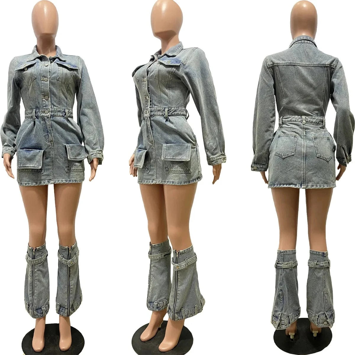 XL / Blue 2024 Fall Winter Y2k Streetwear Sexy Jeans Club Wear Vintage Denim Dress Set Lapel Neck Shirts Cargo Dress With Leg Covers