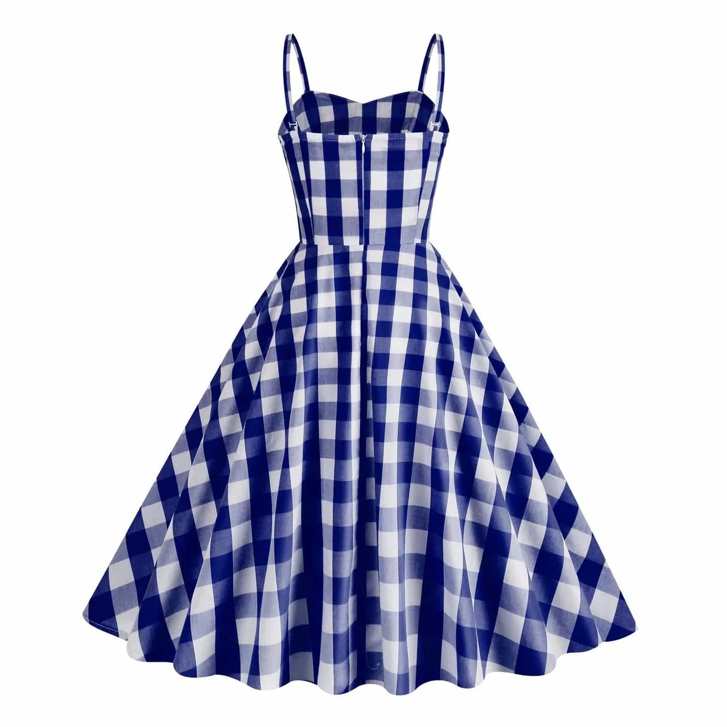 XL / Blue 2024 New Vacation Style Retro Plaid Stripe Hanging Strap High Waist Women's Cotton Medium Length Sleeveless A-line Casual Dress
