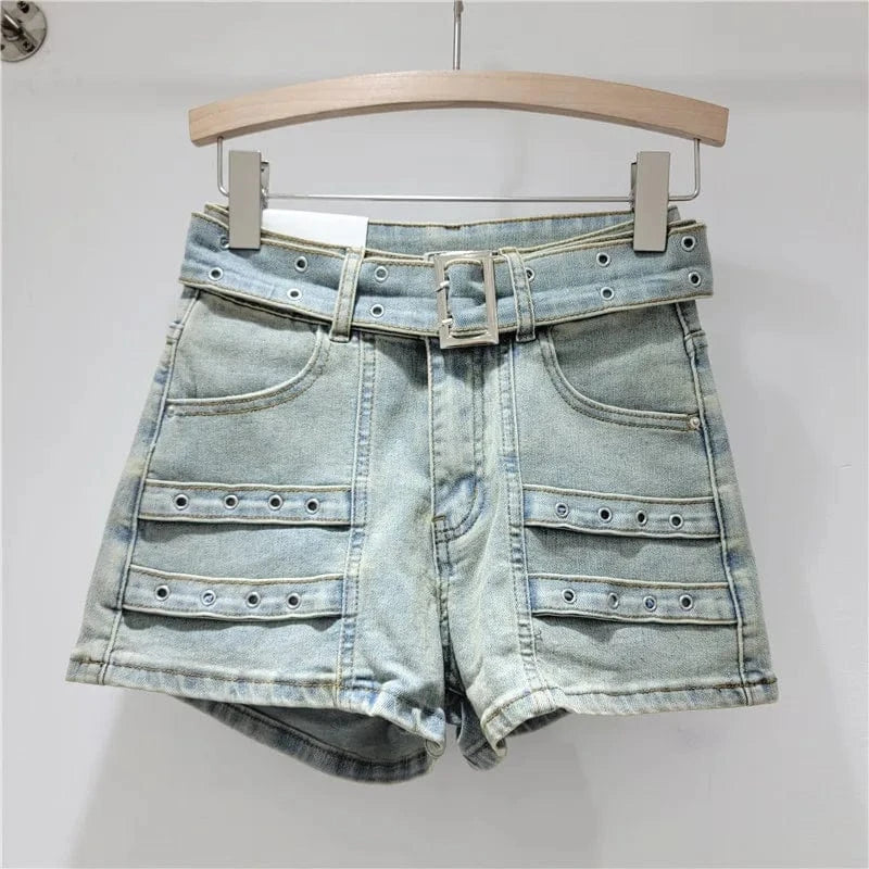 XL / Blue C0833 Retro design high waisted loose stretch casual sports denim shorts for women