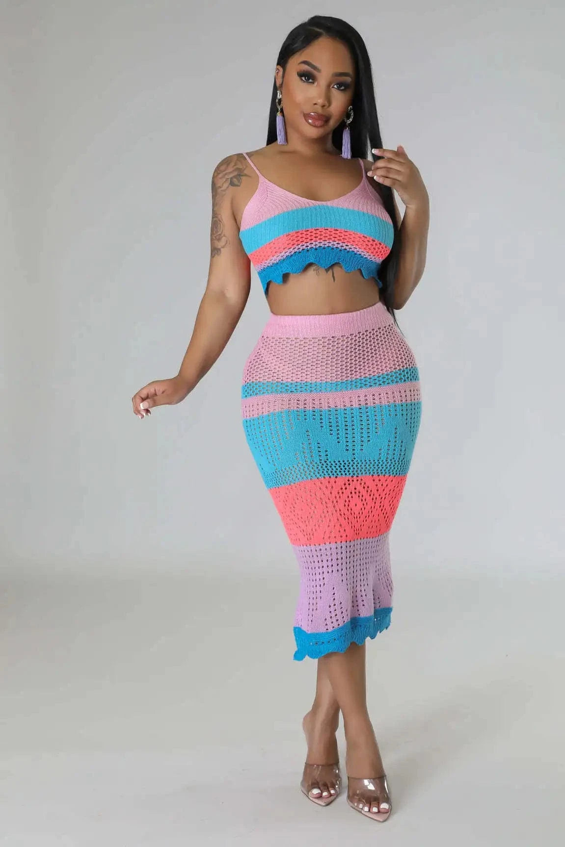 XL / Blue Crochet 2 Piece Skirt Top Set Matching Skirt with Crop Top Summer Dress Boho Clothing Bohemian 2 Piece Boho Skirt Set