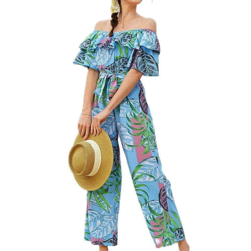 XL / Blue DAMOCHIC Casual Ladies Jumpsuit Strapless Elegant Long Print Jumpsuit Beach Summer Chiffon Ruffle Floral Women Jumpsuit 2023