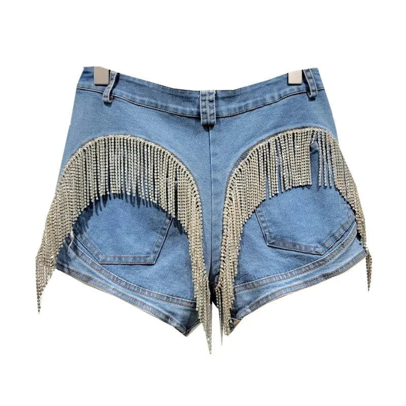 XL / Blue Fashion Heavy Industry Crystal Diamond Tassel Splicing Obvious Decoration High Waist Denim Shorts Women's Elastic Tight Pants