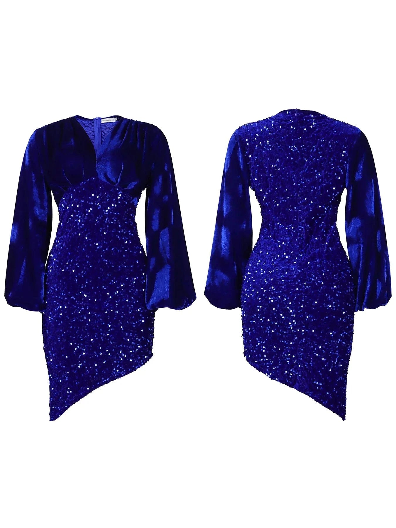 XL / Blue latest New Design stylish V Neck puff Long Sleeve Shiny chic elegant Women Party Sequin High Waist Mid Length Evening Dresses