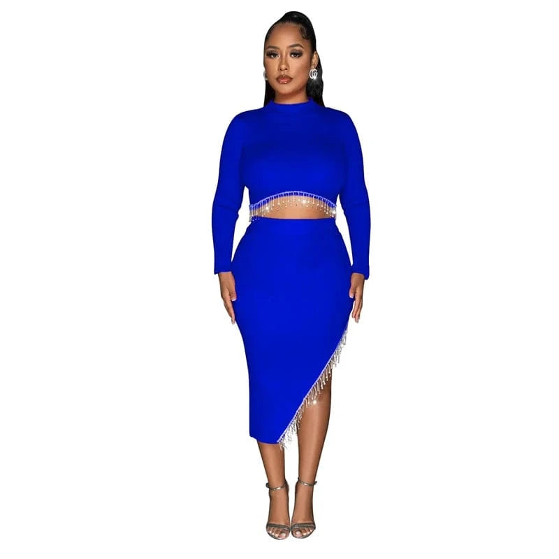 XL / Blue new arrivals 2024 woman valentine party rhinestone bead crystal tassel 2 piece slit skirt set dress 2024 evening gown for women