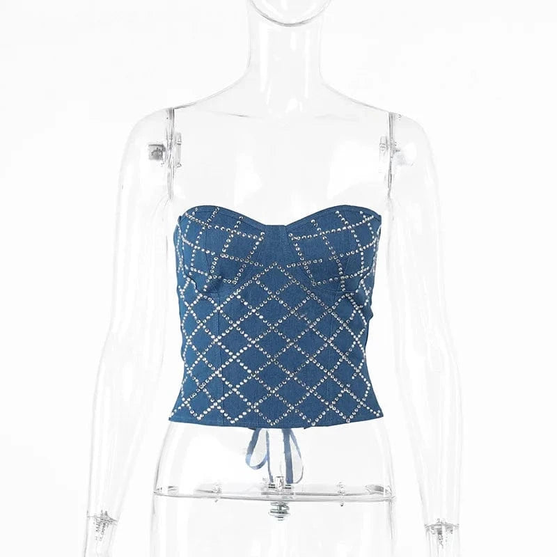 XL / Blue / Polyester/Spandex 2024 Women Diamond Fashion Strapless Denim Corset Women Backless Bandage Female Sexy Tank Top