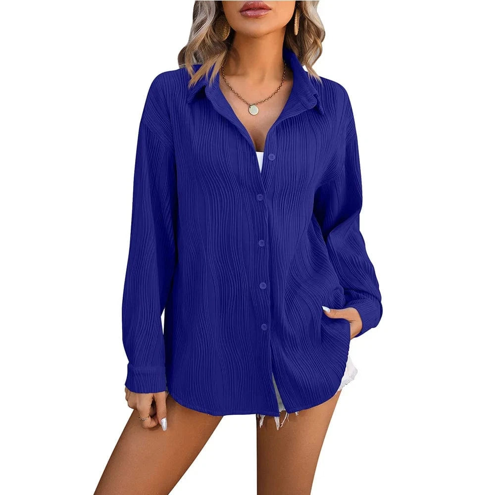 XL / Blue Spring Summer New Wavy Texture Loose Fashion Shirt Ladies Office Casual Lapel Long Sleeves Shirt
