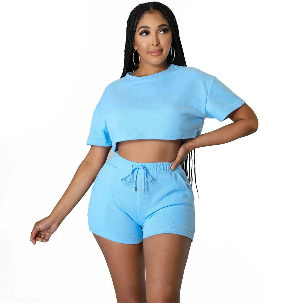 XL / Blue Summer 2024 Women Clothes Leisure Sport Sexy Solid Color Two-piece Set Outfits Short Women Two Pieces Sets For Women