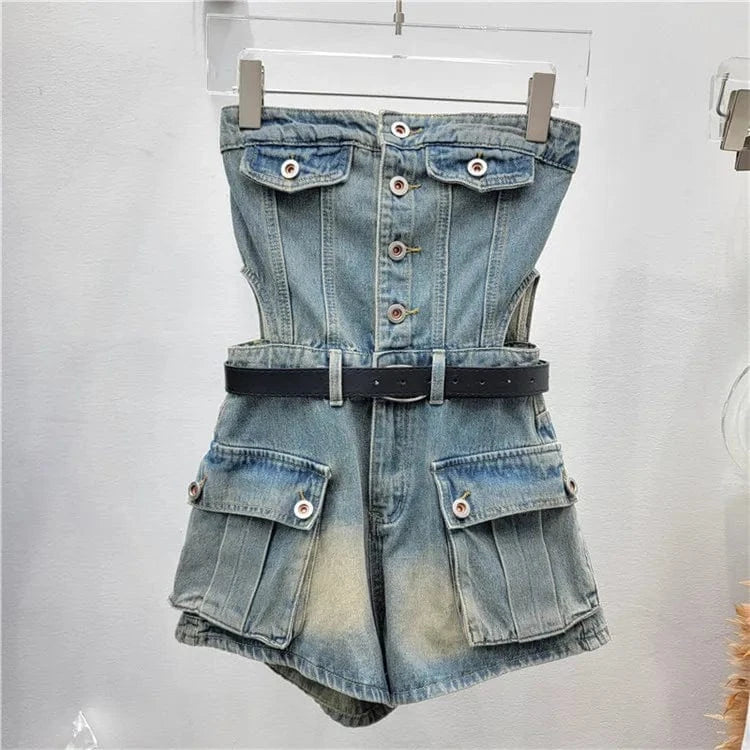 XL / Blue Vintage Pockets Casual Denim Jumpsuits For Women Strapless Sleeveless High Waist Off Shoulder Jumpsuit