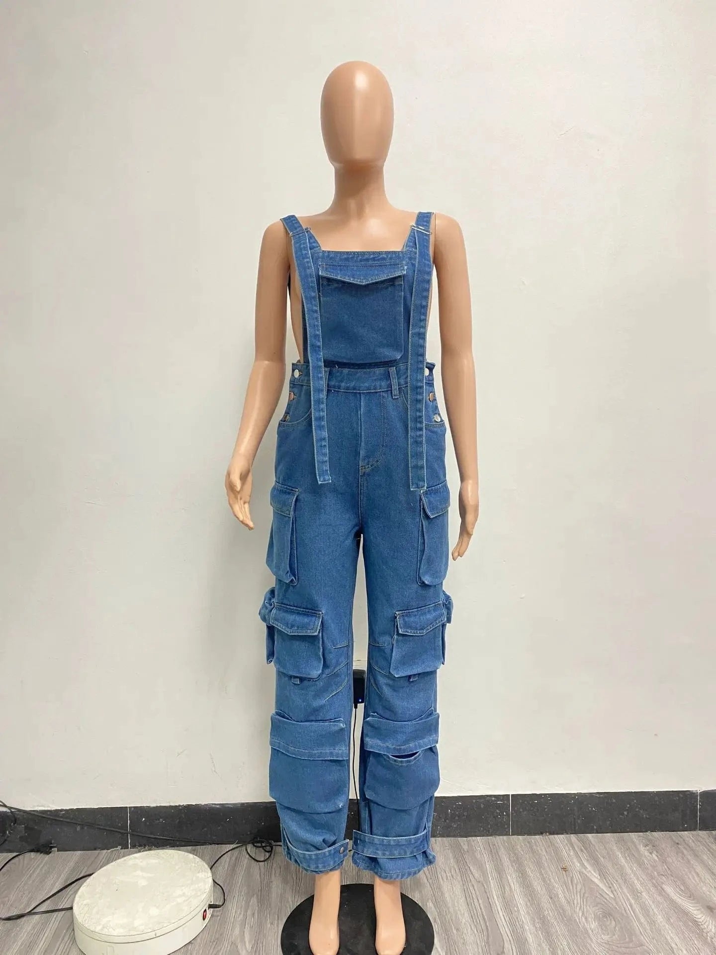 XL / Blue ZHEZHE Fashion 2024 clothing boutique street wear jeans multi-pocket women denim cargo jumpsuit with straps