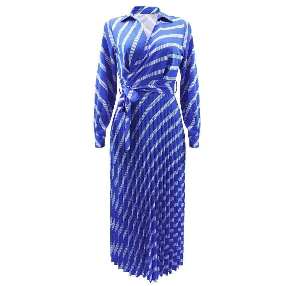 XL / Blue ZHEZHE Women Fall Clothes 2024 Fashion Polo Shirt Stripe Printed High Waist Lace Up Pleated Dress Casual Maxi Long Dress Elegant