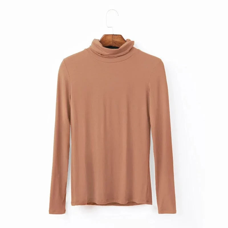 XL / Brick Color / Modal/Spandex DAMOCHIC Women Basic Slim Fit Stretch T Shirt Solid Color Turtleneck Fall Tops Long Sleeve Plus Warm Soft Smooth Modal T Shirt