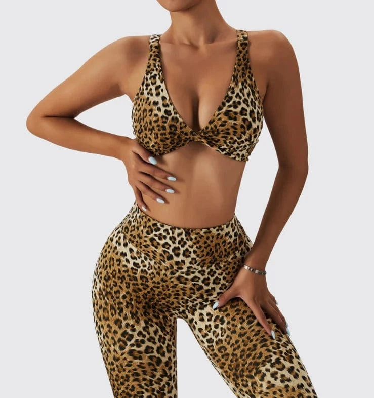 XL / Brown 2023 Spring Summer New 3-color Leopard Print Sexy Bra Shorts Sets Seamless Sports Suit Peach Hip Lifting High Waist Fitness