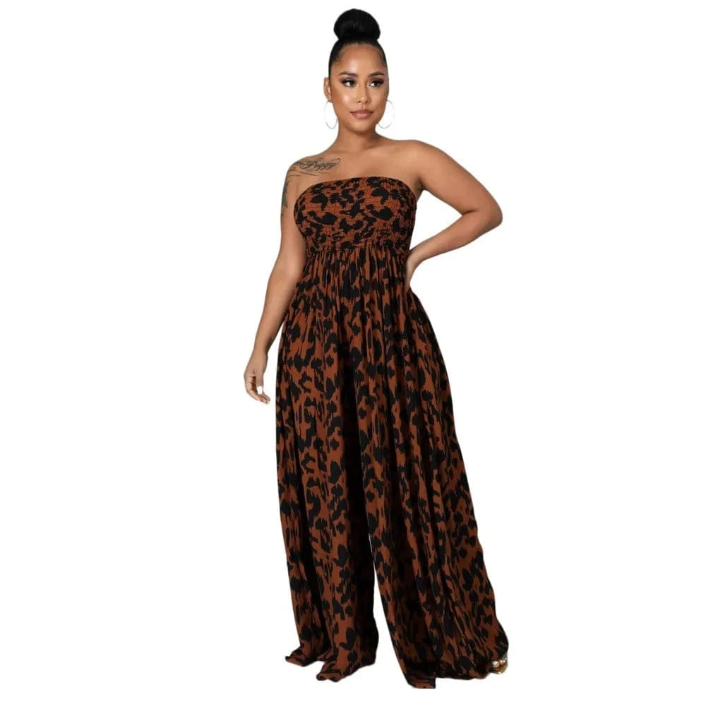 XL / Brown GX9492 Fashion 2024 women clothes vendor fashion sleeveless one piece printed wide-leg tube sexy jumpsuit