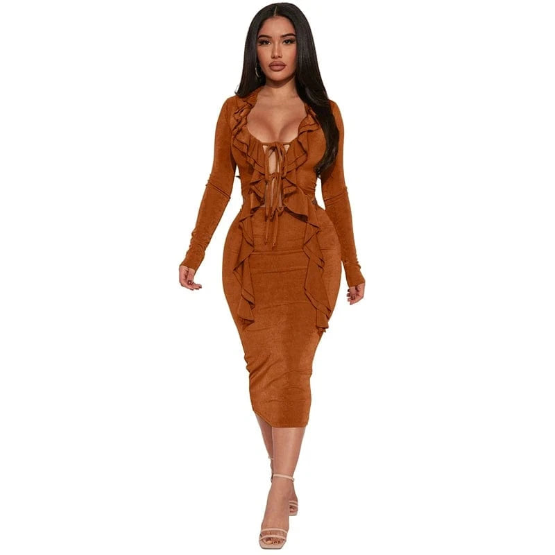 XL / Brown women's long sleeve tie front top t shirt and midi skirt 2 two piece set women summer spring 2024 sexy elegant clothing outfit
