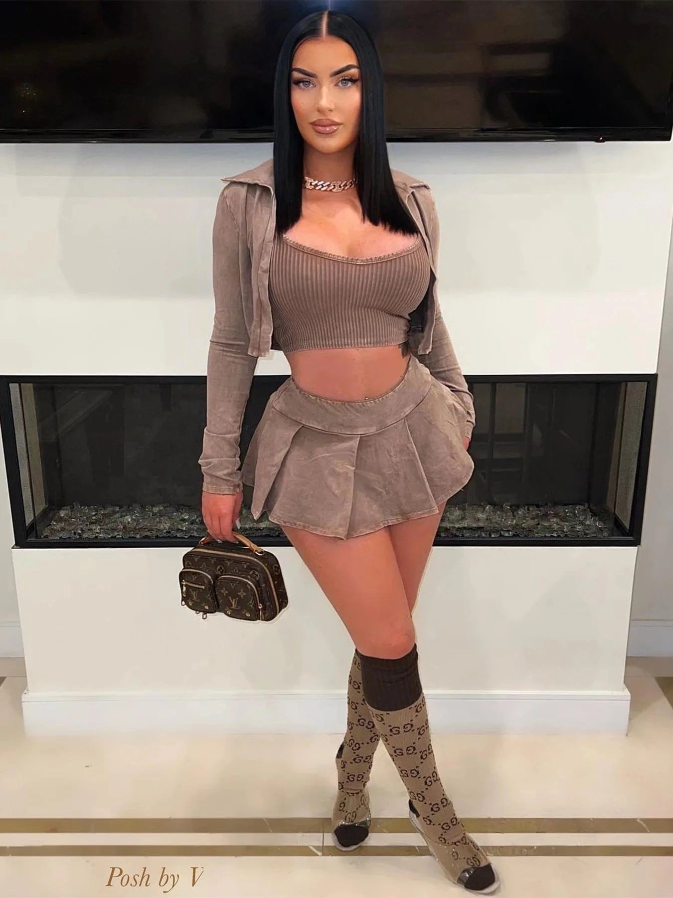 XL / Brown Women's Washed Jack Vest Pleated Mini Skirt 3 Three Piece Outfit Ash Wash High Quality Acid Mineral Wash Sportswear Skirt Sets