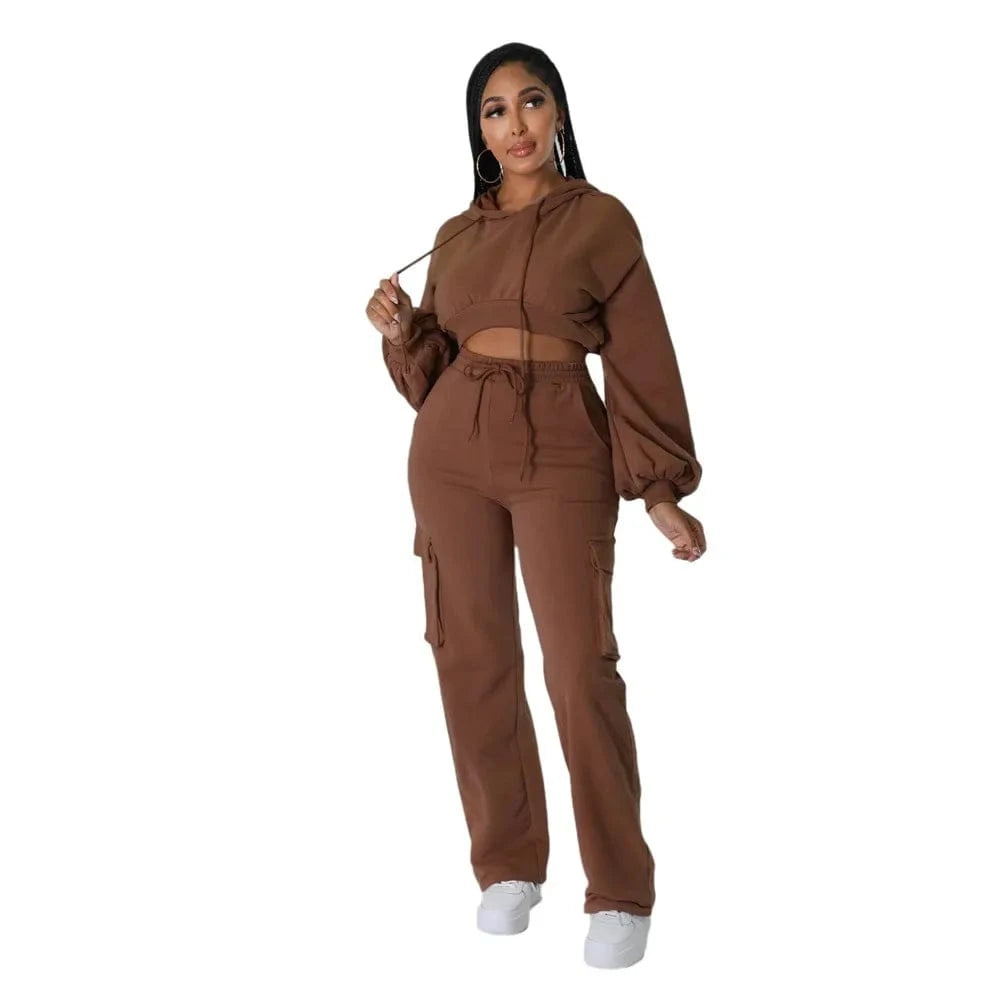 XL / Brown ZHEZHE 2024 The Latest Fashion Hot Casual Hoodie Solid Color Cargo Straight Trouser Suit Autumn And Winter Two Piece Sets