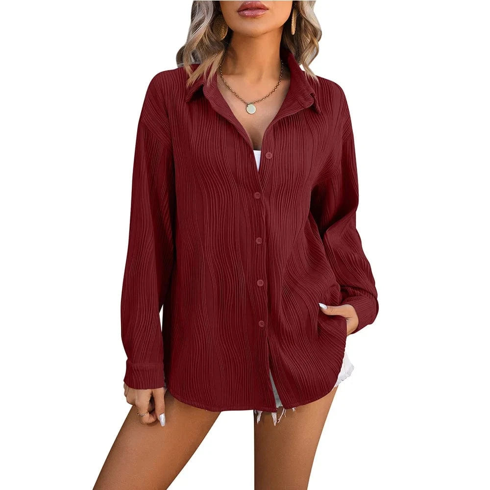 XL / Burgundy Spring Summer New Wavy Texture Loose Fashion Shirt Ladies Office Casual Lapel Long Sleeves Shirt