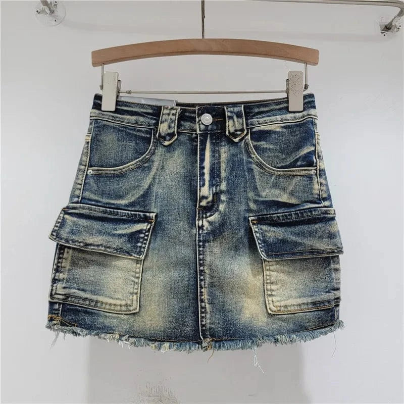 XL / C316SK01 Blue Bomblook C316SK01 Bodycon Skorts Punk Style High Waist Denim Mini Skirt Denim Cargo Skirt Ladies Denim Skorts