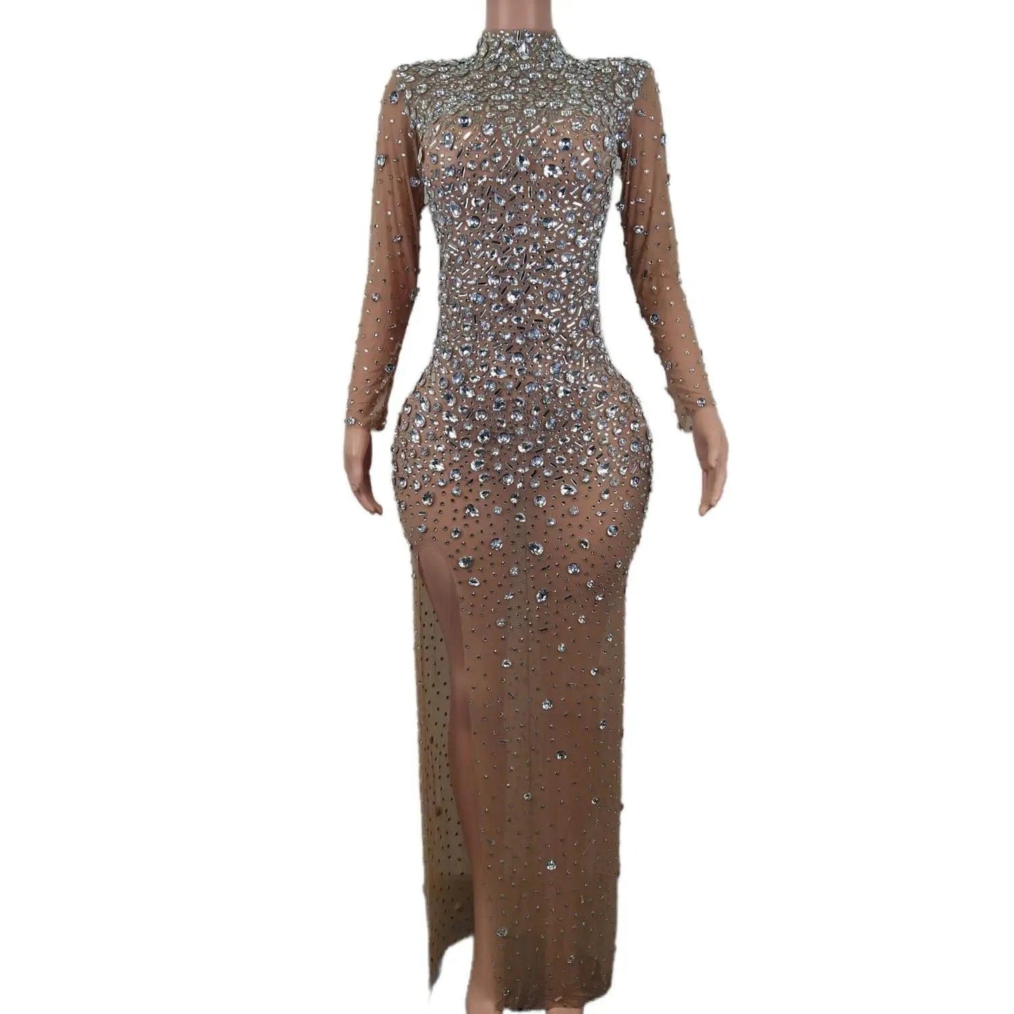 XL / Champagne Vestido Sexy See Through High Slit Crystal Birthday Wedding Formal Dresses Women Lady Elegant Maxi Dinner Night Evening Dress