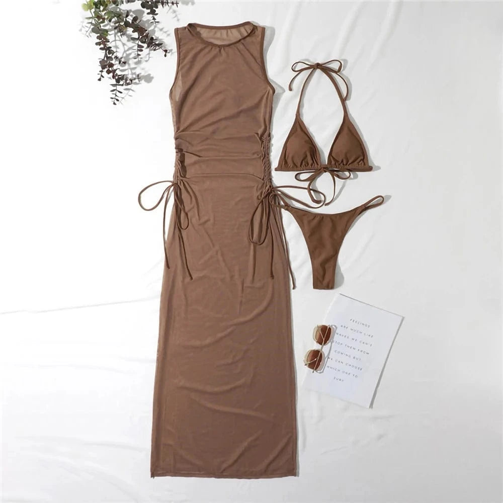 XL / Coffee 2024 New Custom Summer Beach Bathing Suit Women Sexy Mini Bikini Set with Mesh Skirt Swimsuit  Halter Three Pieces Swimwear