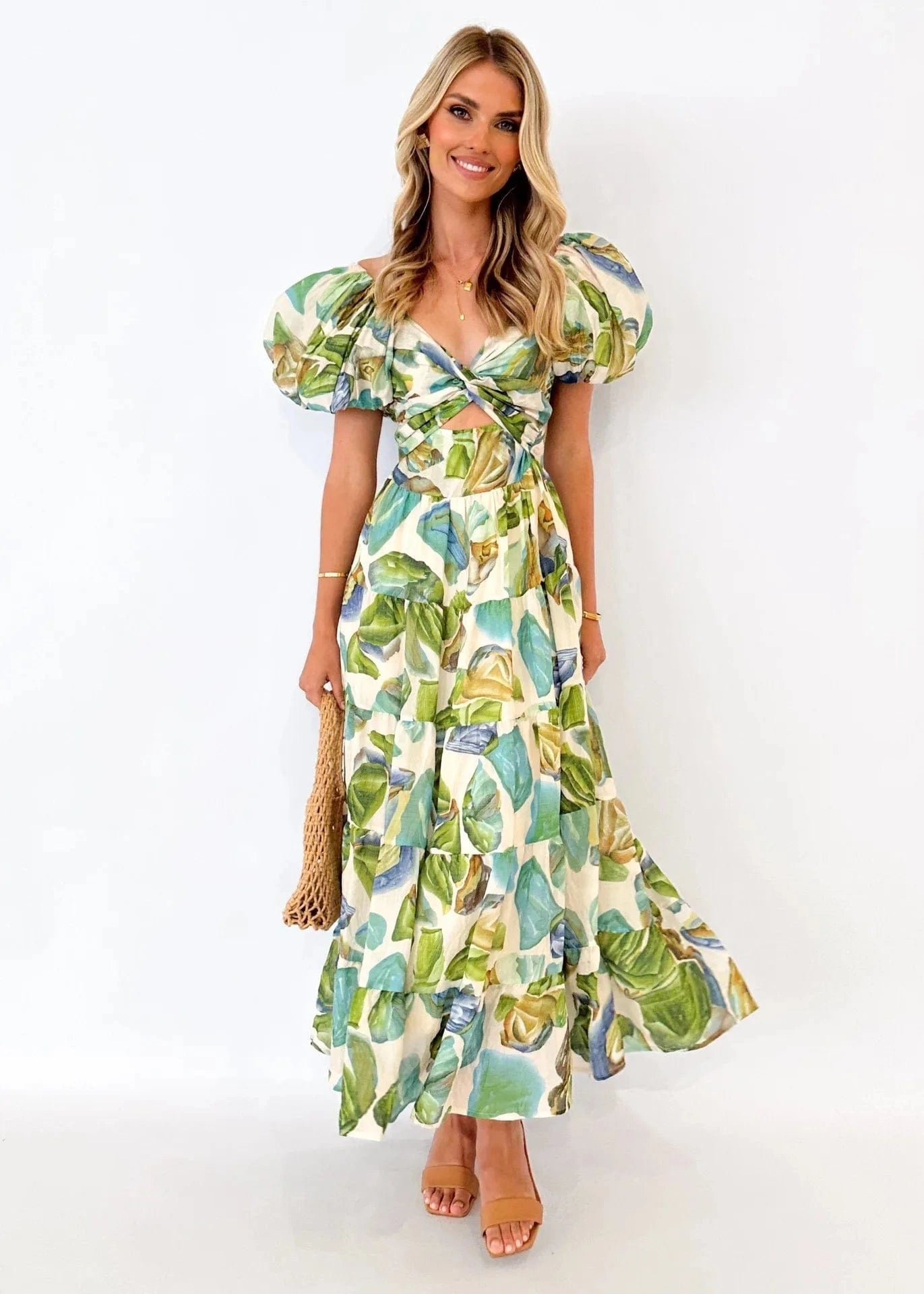 XL / COLOR 3 Beach Print Maxi Dress Women Holiday Floral Short Puff Sleeve High Waist Backless Pleat Ruffle Hem Dresses Female Colorful 2024