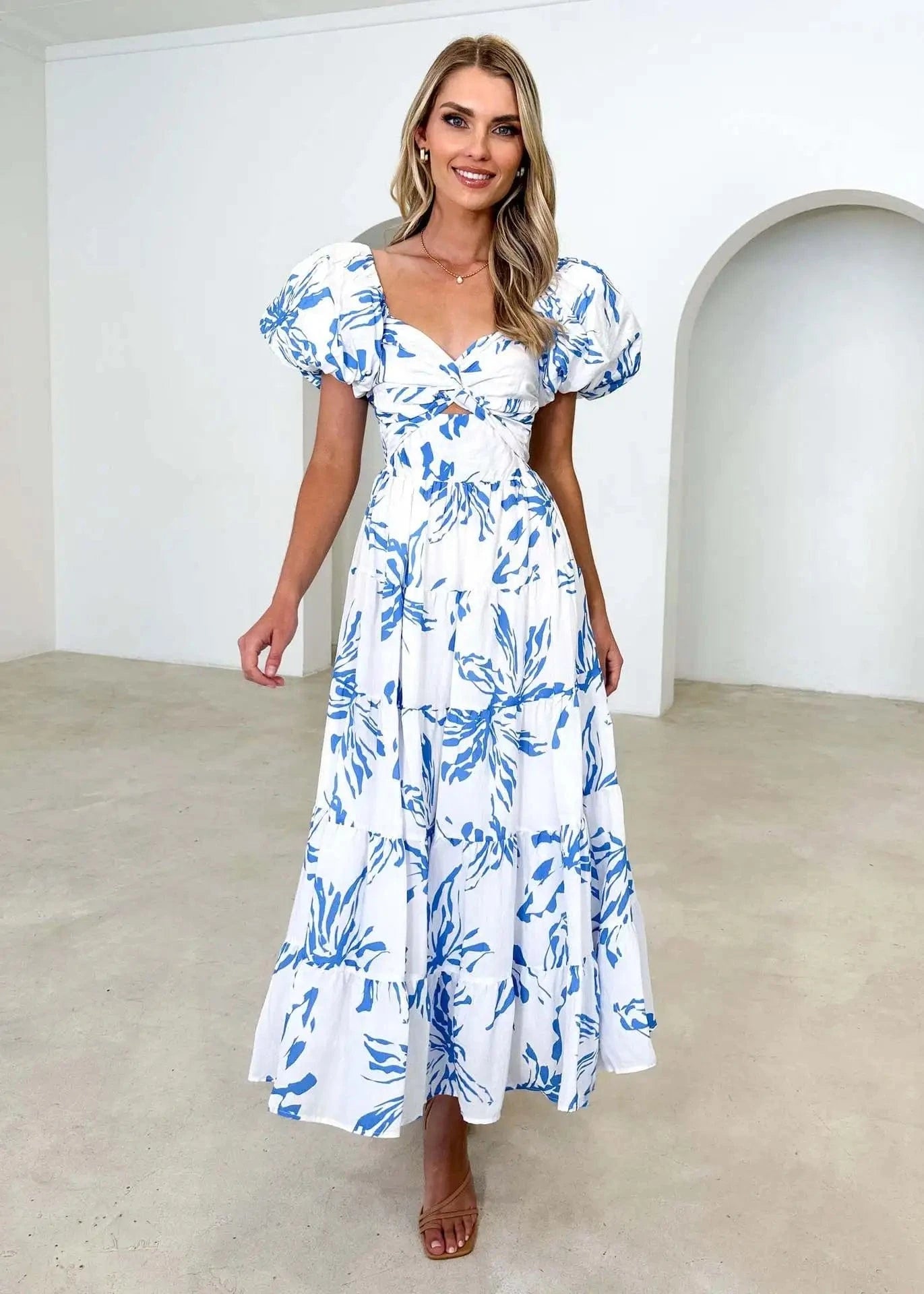 XL / COLOR 5 Beach Print Maxi Dress Women Holiday Floral Short Puff Sleeve High Waist Backless Pleat Ruffle Hem Dresses Female Colorful 2024