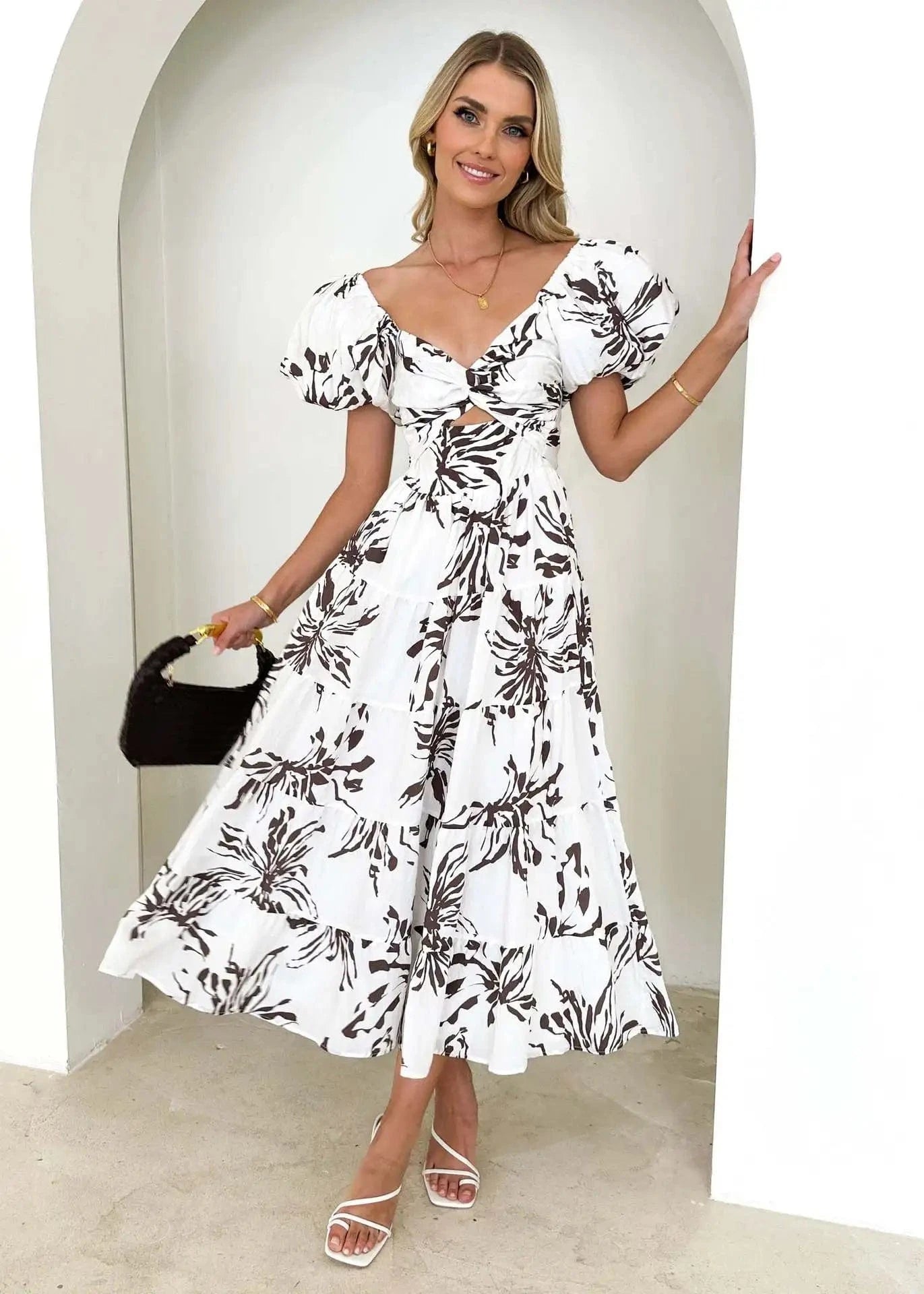 XL / COLOR 6 Beach Print Maxi Dress Women Holiday Floral Short Puff Sleeve High Waist Backless Pleat Ruffle Hem Dresses Female Colorful 2024