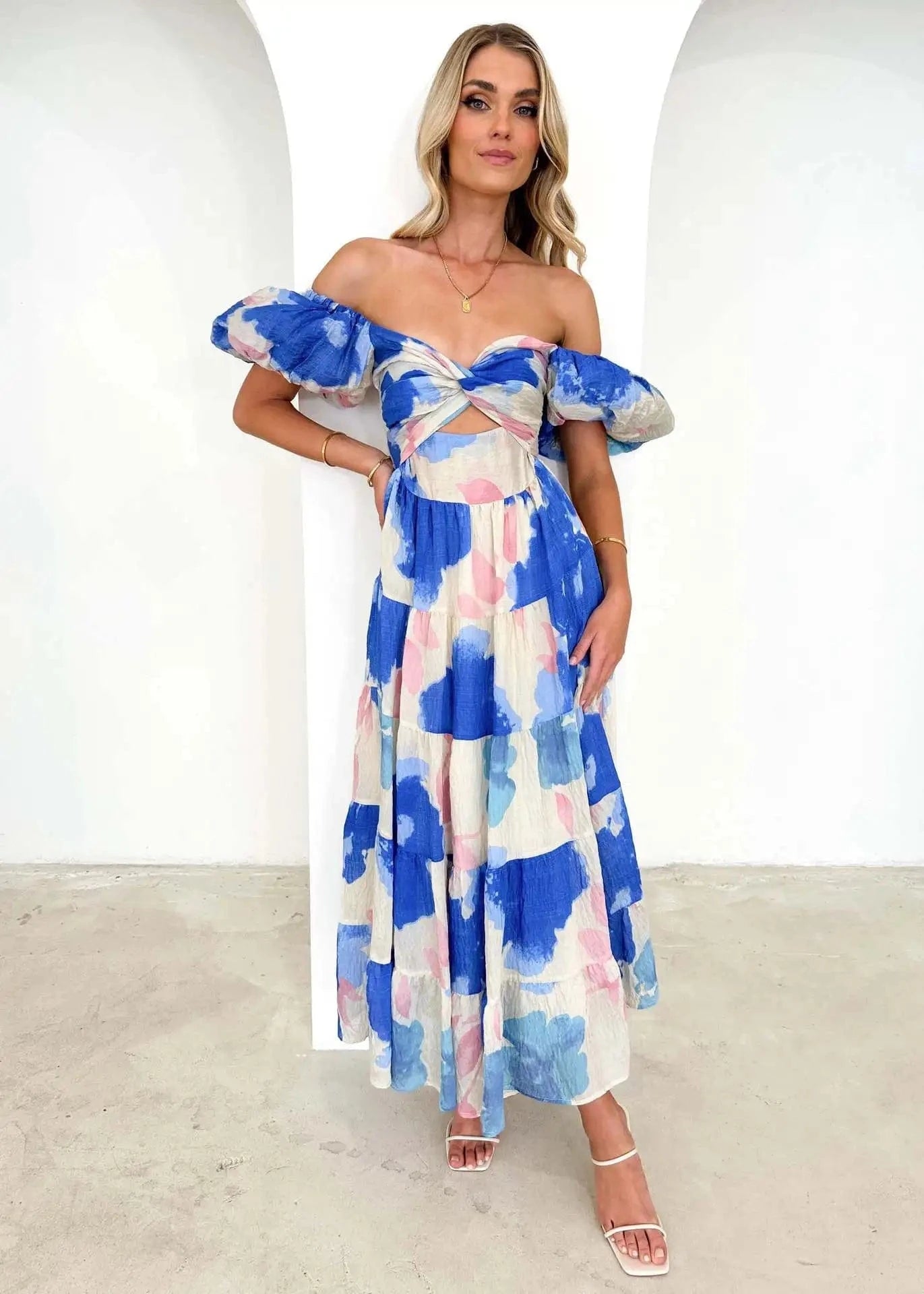 XL / COLOR 7 Beach Print Maxi Dress Women Holiday Floral Short Puff Sleeve High Waist Backless Pleat Ruffle Hem Dresses Female Colorful 2024