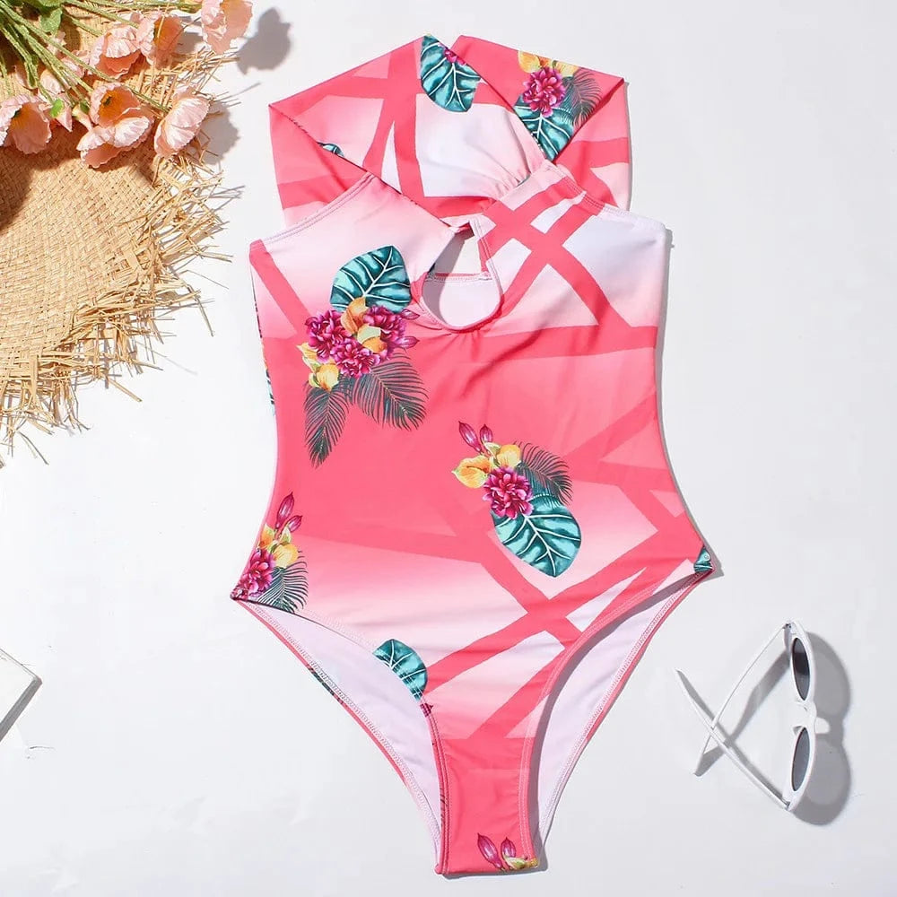 XL / Color two Sexy High Cut Leg Triangle Floral Print Hollow Out Halter One Piece Swimsuits for Women 2023