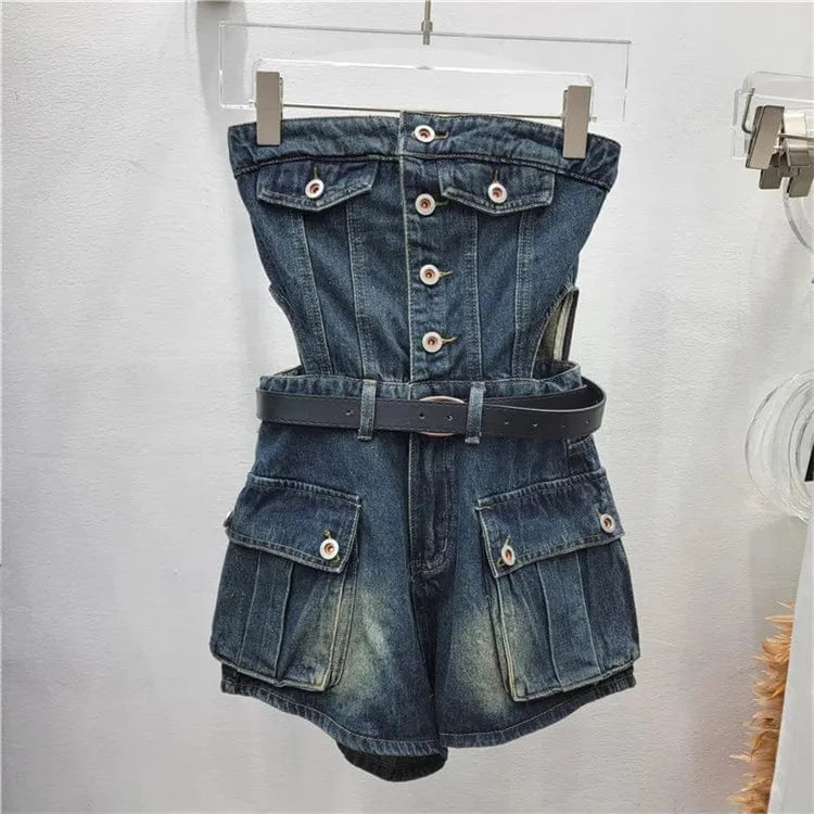 XL / Dark blue Vintage Pockets Casual Denim Jumpsuits For Women Strapless Sleeveless High Waist Off Shoulder Jumpsuit