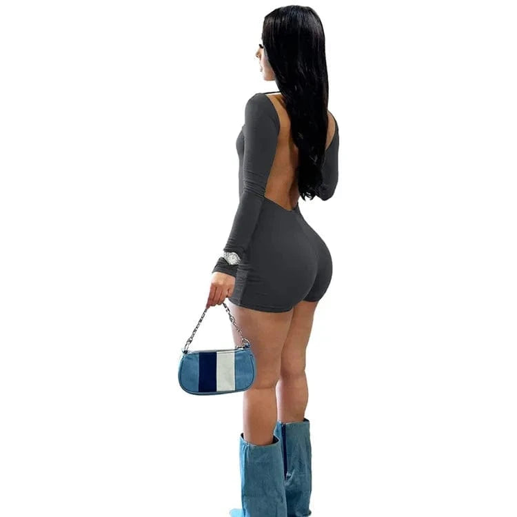 XL / Dark Gray Sport Backless Jumpsuits Long Sleeves Scoop Neck Solid High Stretchy Casual Club Bodysuit