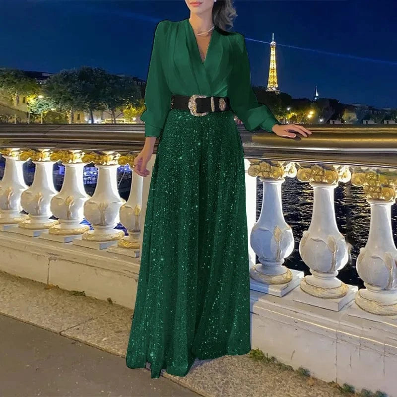 XL / Dark Green 2024 Spring  New Women's Jumpsuit Fashionable V-neck Long Sleeved Shirt Elegant And Slim Waist Slimming Sequin Wide Leg Jumpsuit