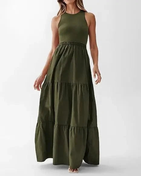 XL / Dark Green Women Sleeveless Dress with Round Neck Swing Maxi Dress Polyester Long Skirt Crew neck patchwork pit strip sleeveless vest dress
