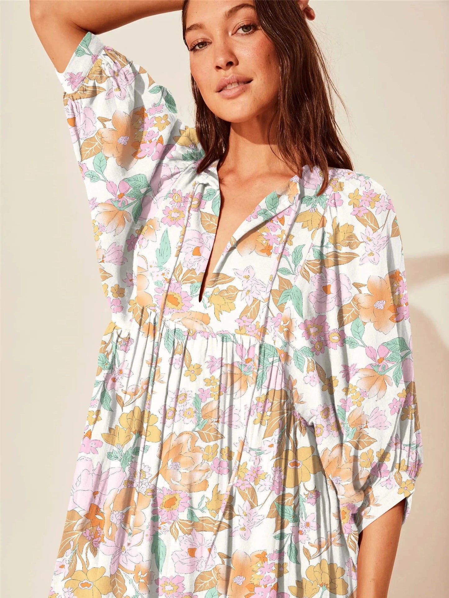 XL / FQPR027 Wholesale Casual Beach Vacation Style Swing Boho Floral Maxi Dresses Short Sleeves Loose Plus Size Bohemian Dress