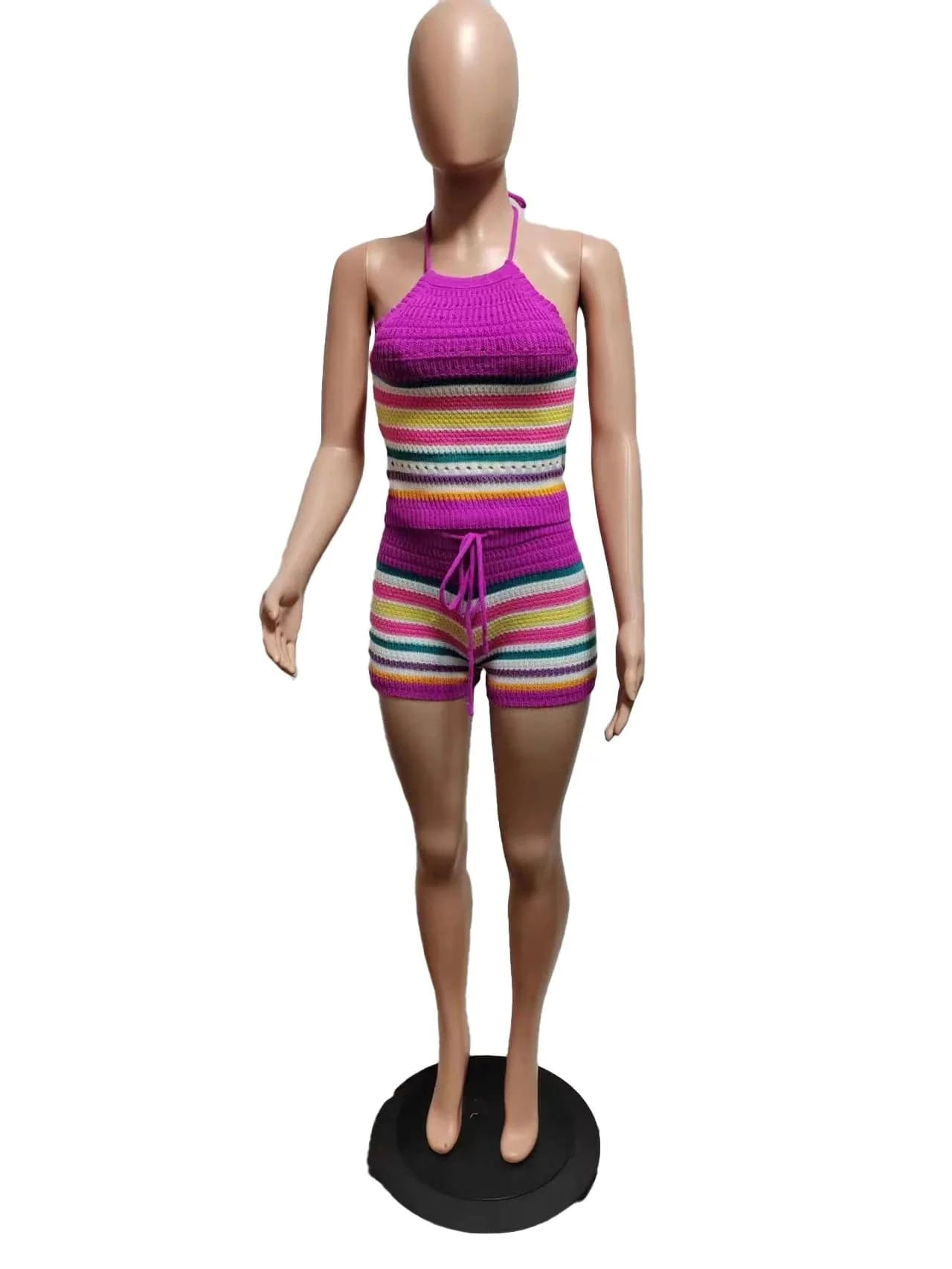 XL / Fuchsia GX8157 New 2024 Summer Unique Women Street Wear Knitted Outfit Sleeveless Strip Crop Top and Shorts Matching Suit 2 Piece Set