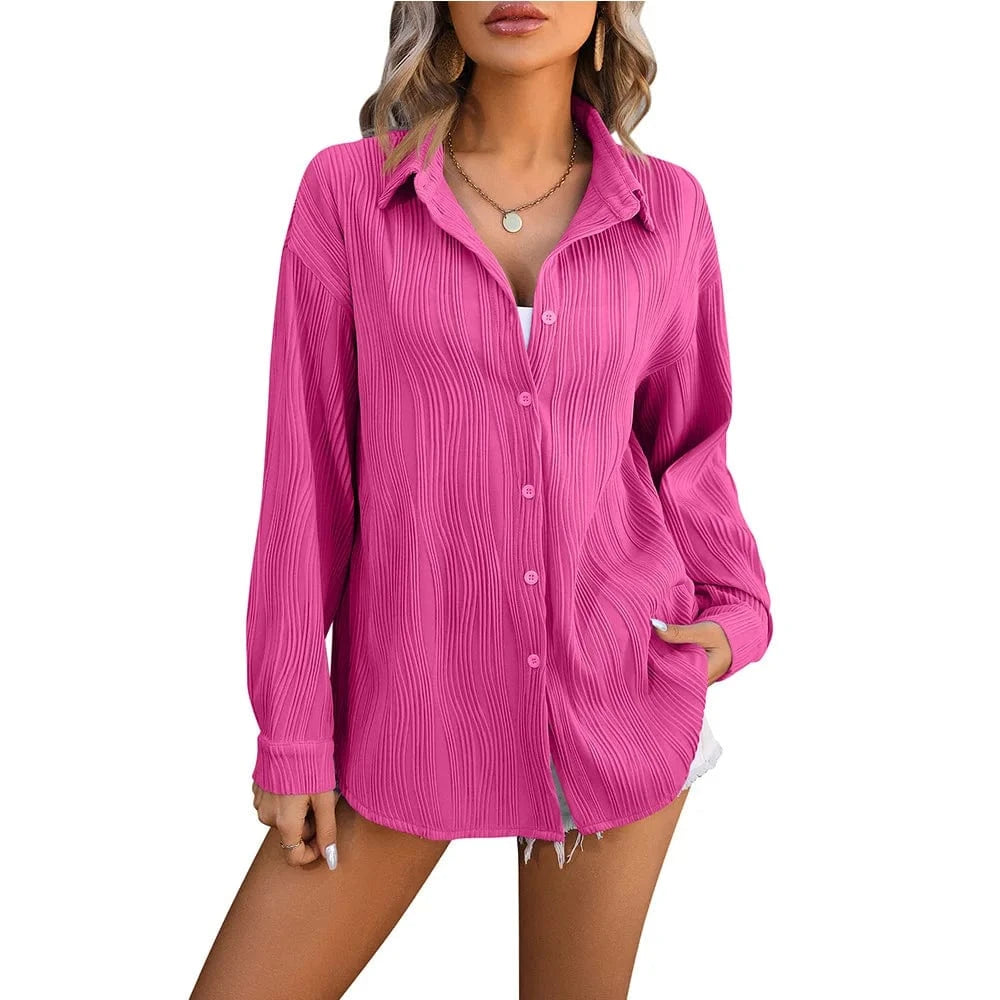 XL / Fuchsia Spring Summer New Wavy Texture Loose Fashion Shirt Ladies Office Casual Lapel Long Sleeves Shirt