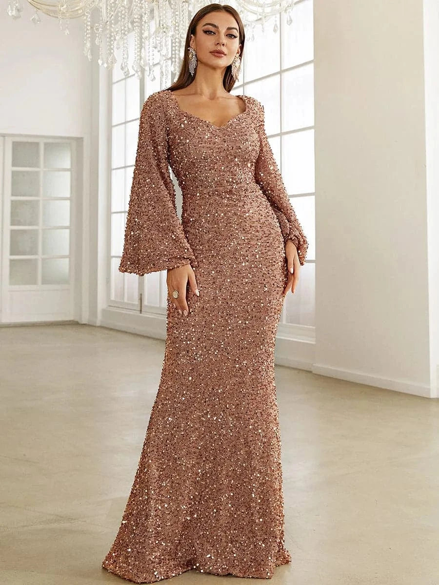 XL / Gold Wholesale Casual Long  dress elegant women floor-length v-neck a line dress with sleeves women floor-length sequin dresses