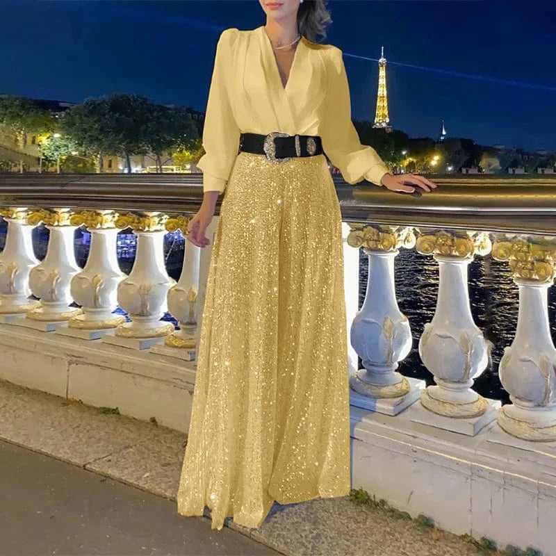 XL / Golden 2024 Spring  New Women's Jumpsuit Fashionable V-neck Long Sleeved Shirt Elegant And Slim Waist Slimming Sequin Wide Leg Jumpsuit