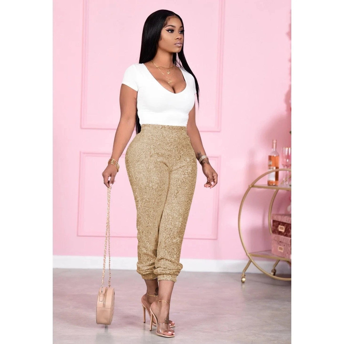 XL / Golden High Waist Elastic Sequined Ankle Banded Pants Women Spring Fall Shining Casual Pant
