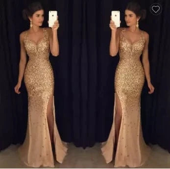 XL / Golden Regular Fit mermaid Prom Dresses Party Maxi Sequin Evening Dress Women's Plus Size Long Evening Slit Sleeveless Dress