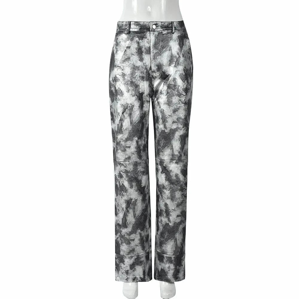 XL / Gray 2024 New Arrivals Fashion Print Casual Trousers High Waist Straight Pants Stretch Pu Skinny Pants For Women