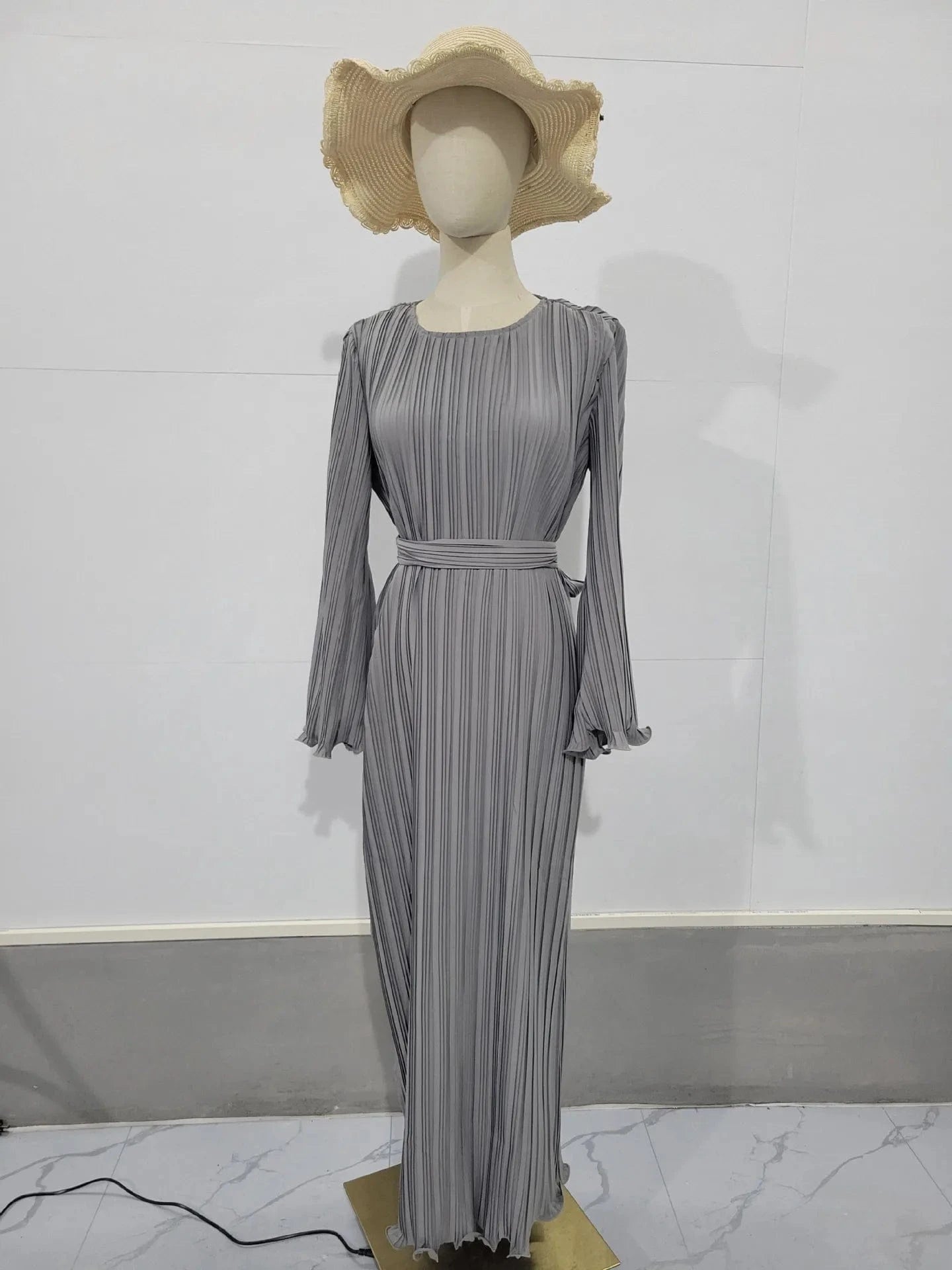 XL / Gray 2024 Spring Autumn Women New Fashion Long Dress Women's Casual Solid Color Round Neck Dress Trumpet Sleeve Pleated Abaya Dress