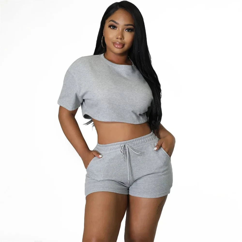 XL / Gray Summer 2024 Women Clothes Leisure Sport Sexy Solid Color Two-piece Set Outfits Short Women Two Pieces Sets For Women