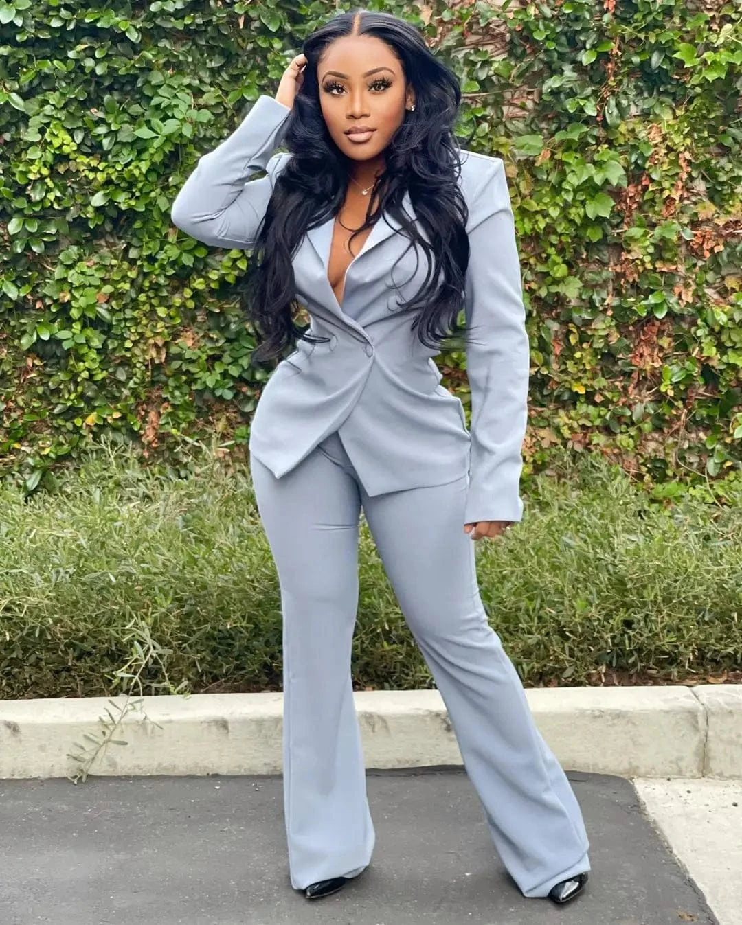 XL / Gray Women Double Breasted Notched Blazer Office Ladies Suit Solid Color Slim Long Sleeve Jacket Suit Mujer