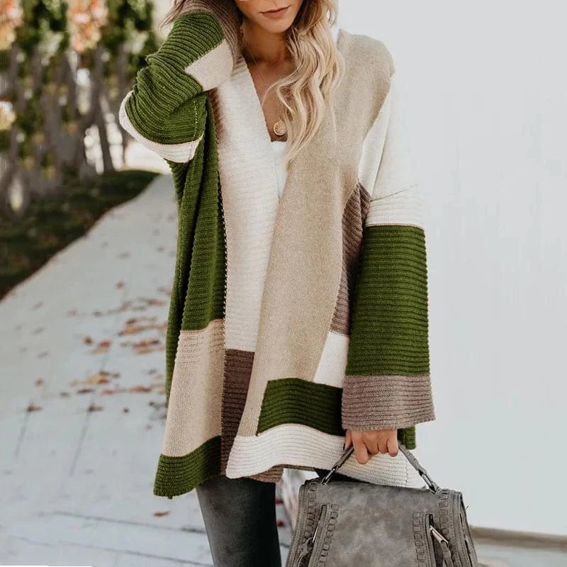 XL / Green 2024 Custom Winter New Contrast Mixed Color Stripe Long Sleeve Cardigan Women Sweater Lady Clothing