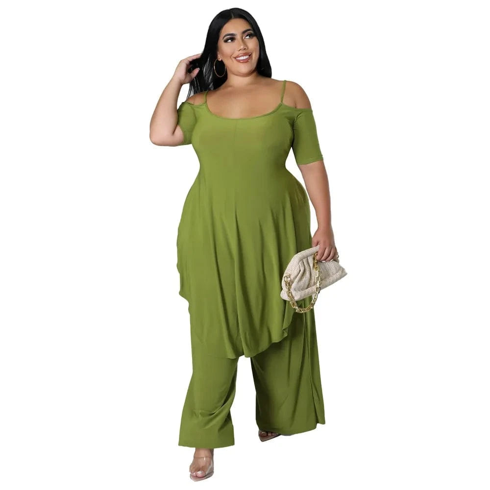 XL / Green 2024 new women plus size women's clothing Solid color sexy halter loose top two piece set