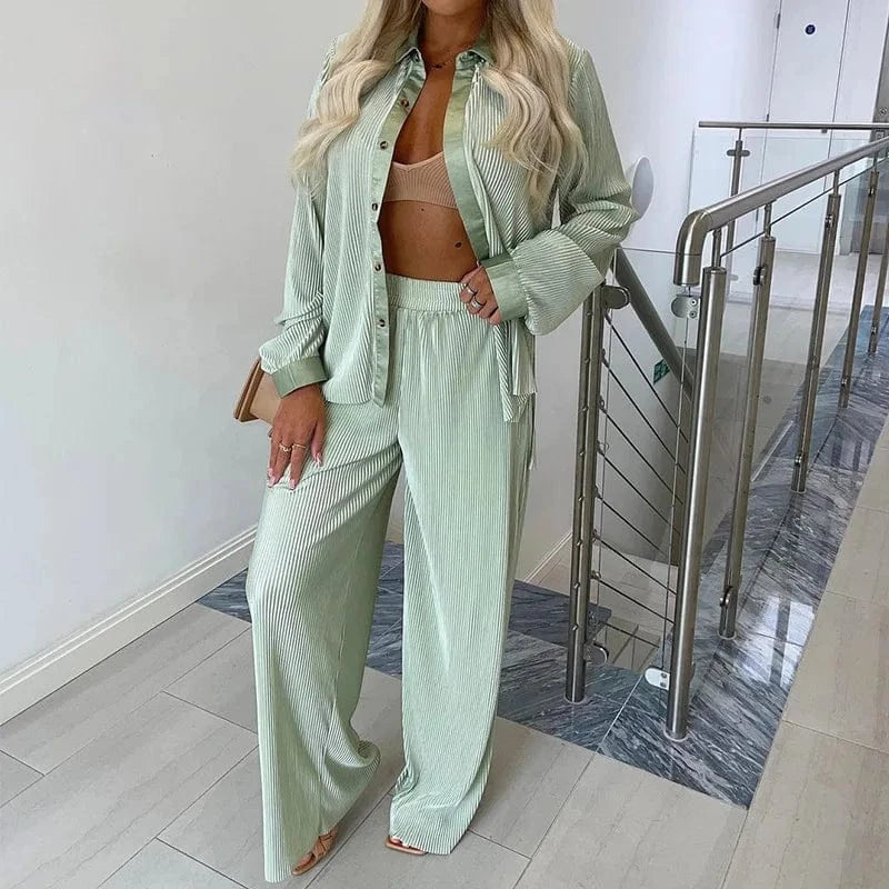 XL / Green 2024 spring and autumn new corduroy lapel shirt single-breasted long-sleeved shirt + casual loose leggings two-piece set