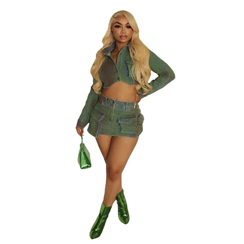 XL / Green 2024 spring summer new arrivals women ladies denim jeans cargo skirt and jeans top jacket two 2 piece set outfit for women jeans