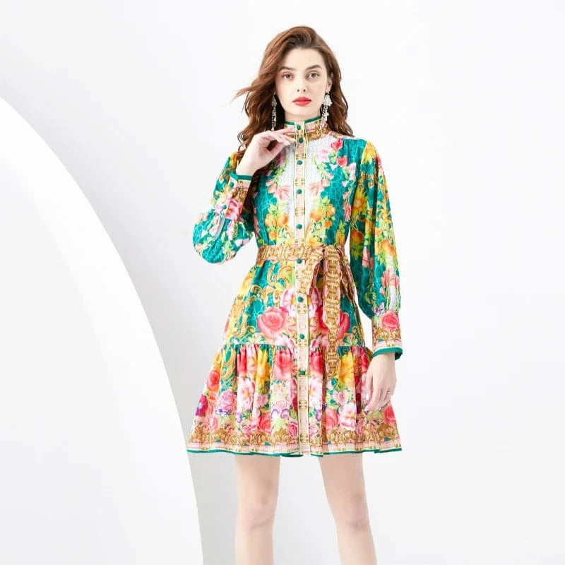 XL / Green 2024 Spring/Summer Standing Neck Lantern Sleeves Wave Edge Mini Retro Print Dress KL6223075